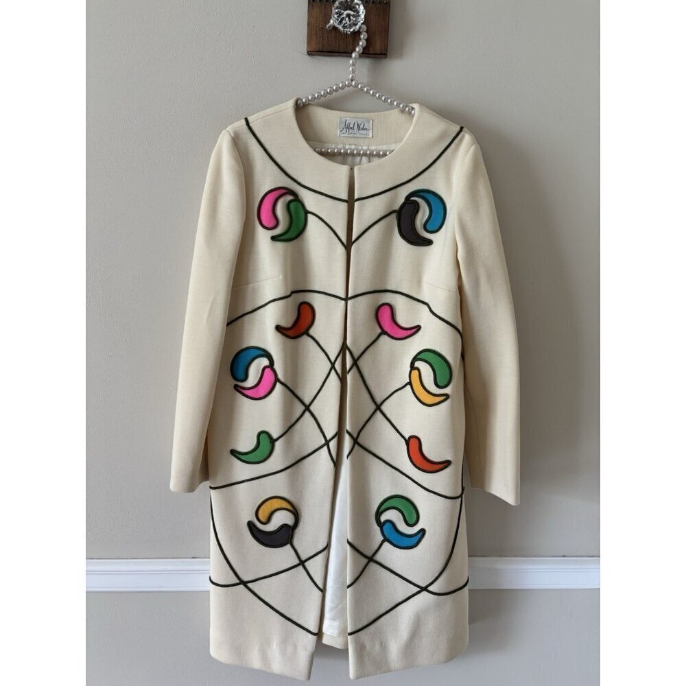 Vintage Alfred Werber Womens Size 4 Cream Coat Embroidered Appliques